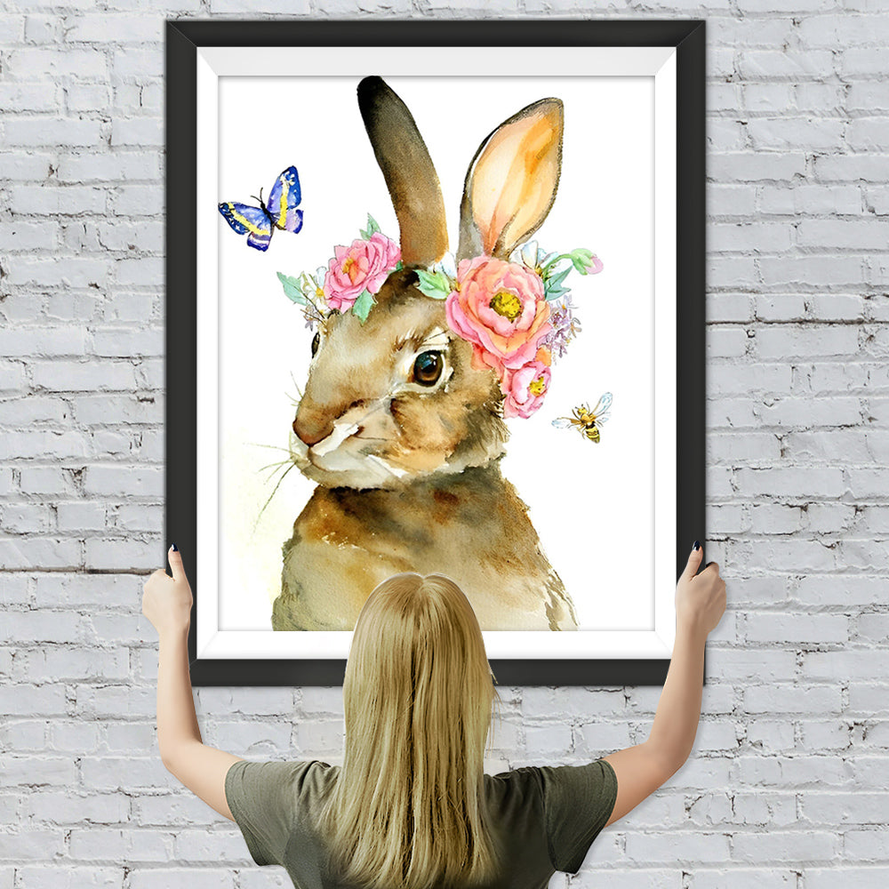 Kaninchen, Schmetterling und Blumen Diamond Painting