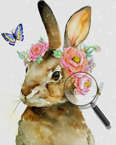 Kaninchen, Schmetterling und Blumen Diamond Painting