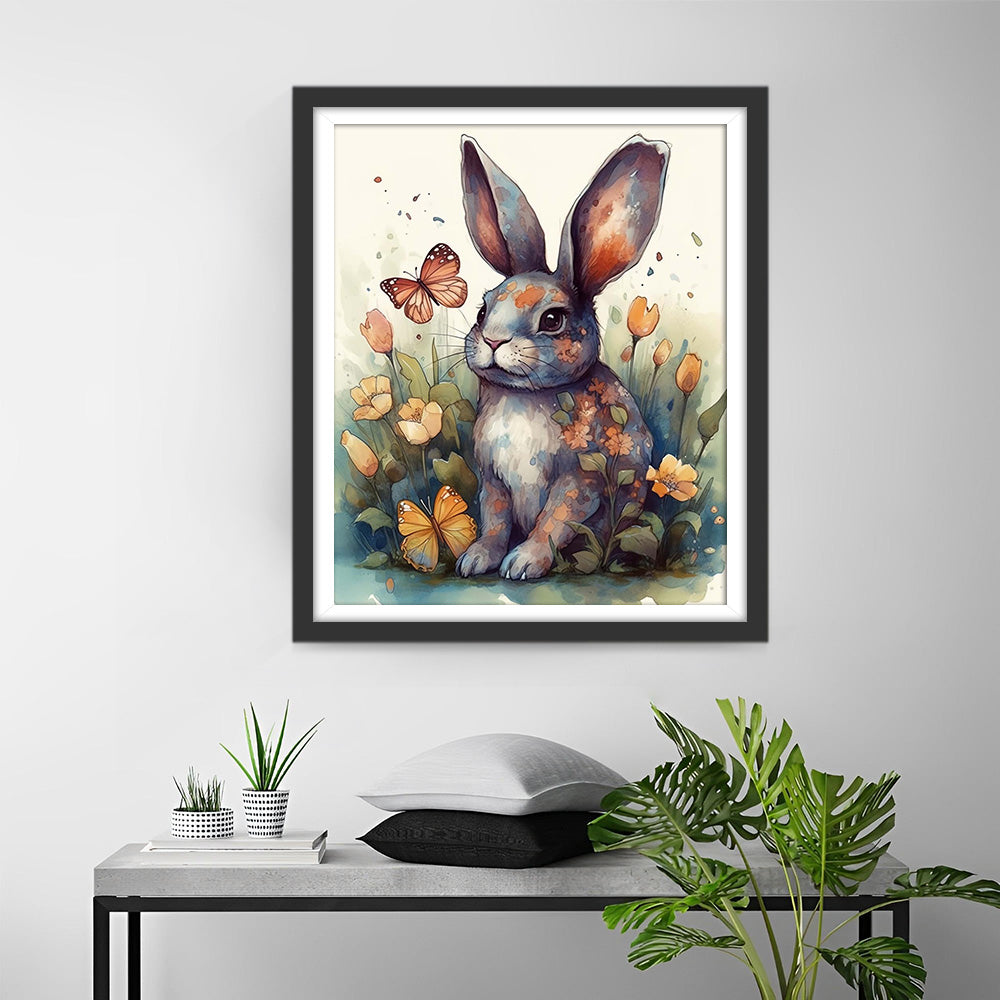 Kaninchen, Schmetterling und Blumen Diamond Painting