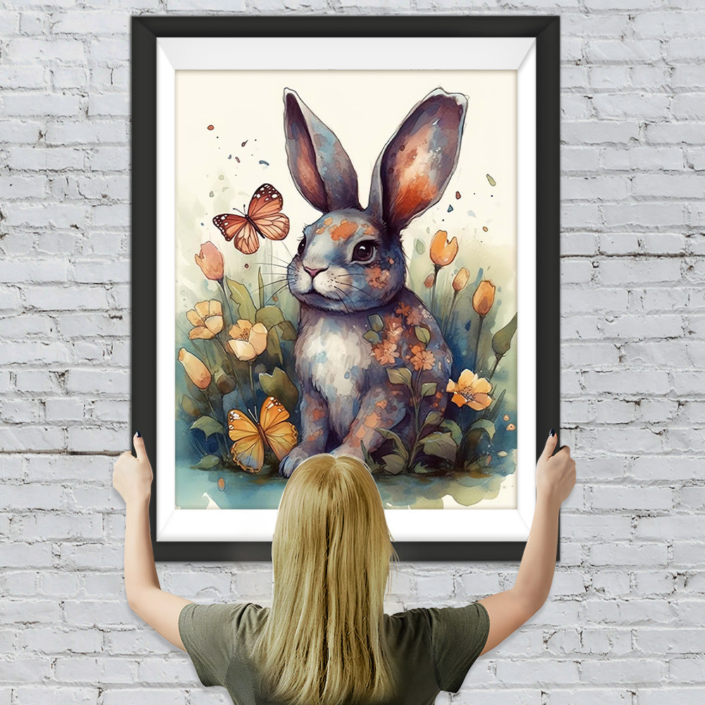 Kaninchen, Schmetterling und Blumen Diamond Painting
