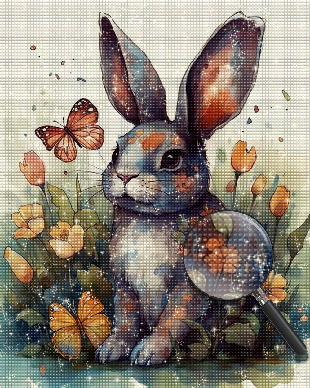 Kaninchen, Schmetterling und Blumen Diamond Painting