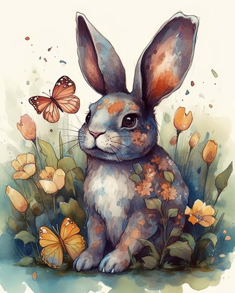 Kaninchen, Schmetterling und Blumen Diamond Painting