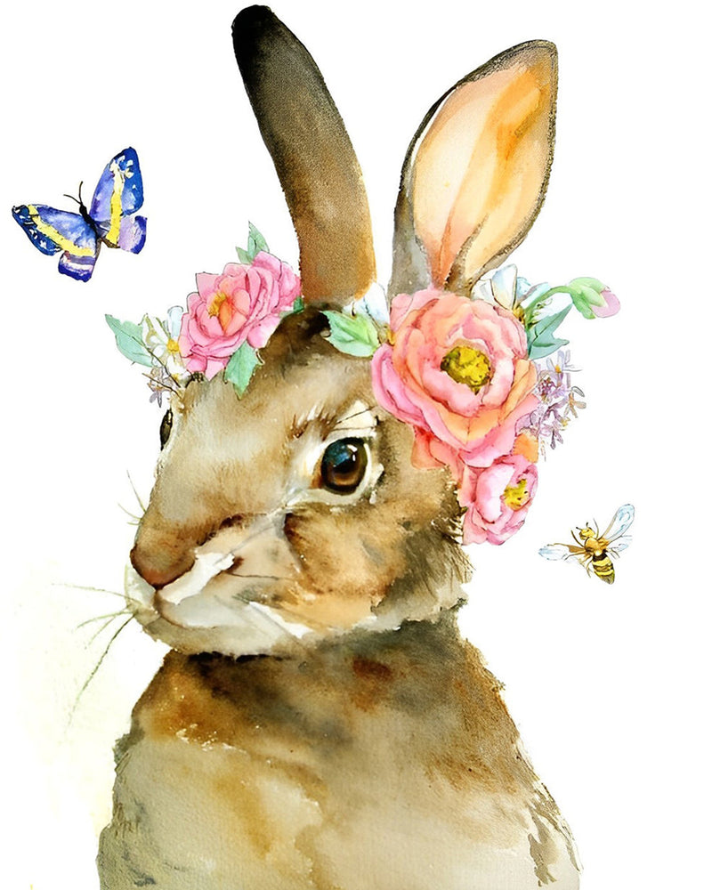 Kaninchen, Schmetterling und Blumen Diamond Painting