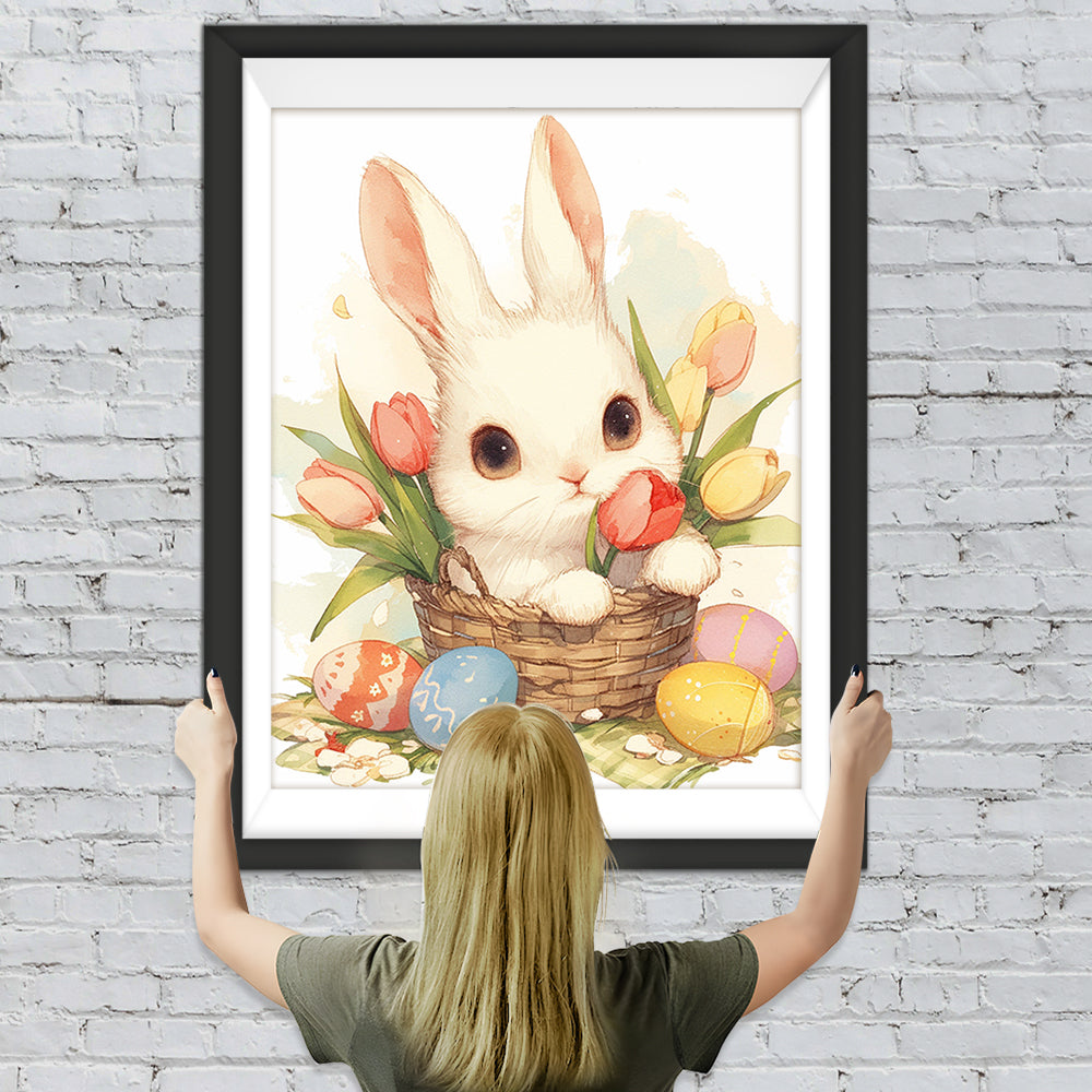 Kaninchen, Tulpen und Ostereier Diamond Painting