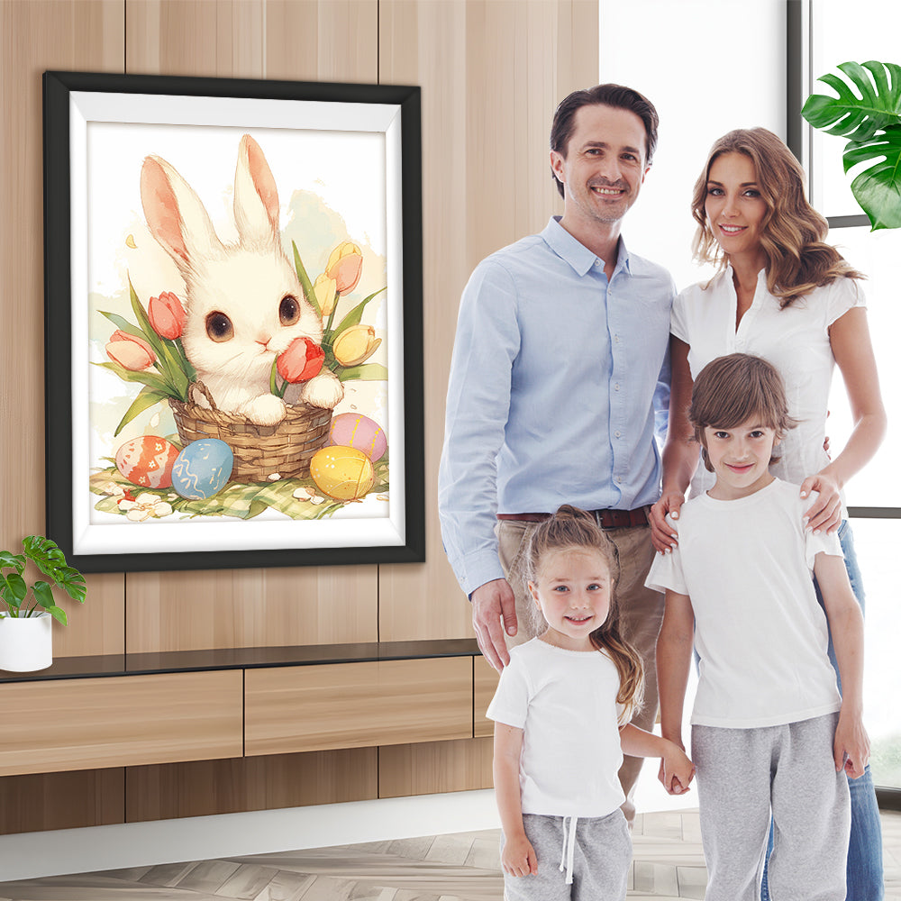 Kaninchen, Tulpen und Ostereier Diamond Painting