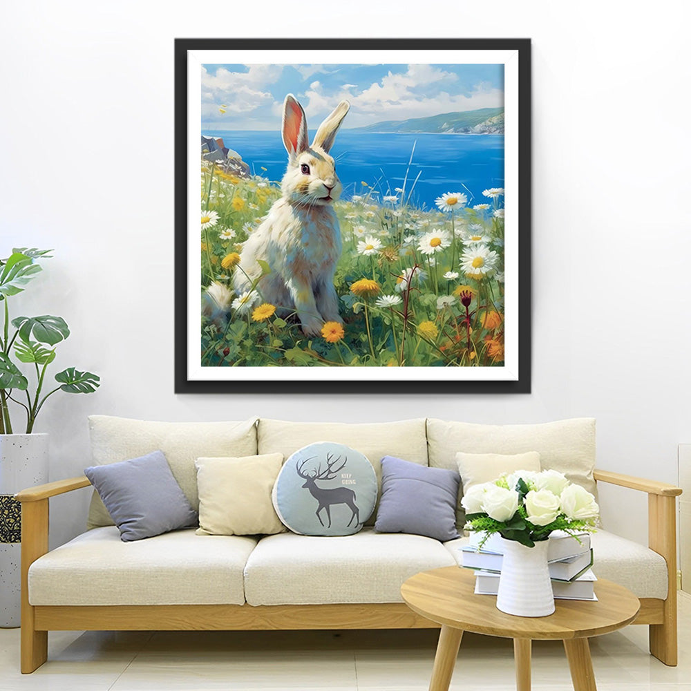Kaninchen und Gänseblümchen am Fluss Diamond Painting