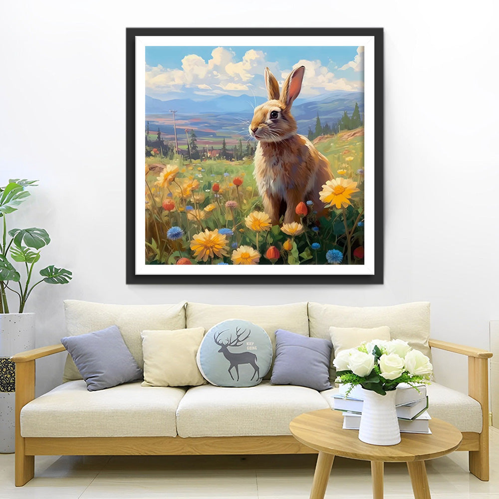 Kaninchen und Gänseblümchen auf dem Feld Diamond Painting