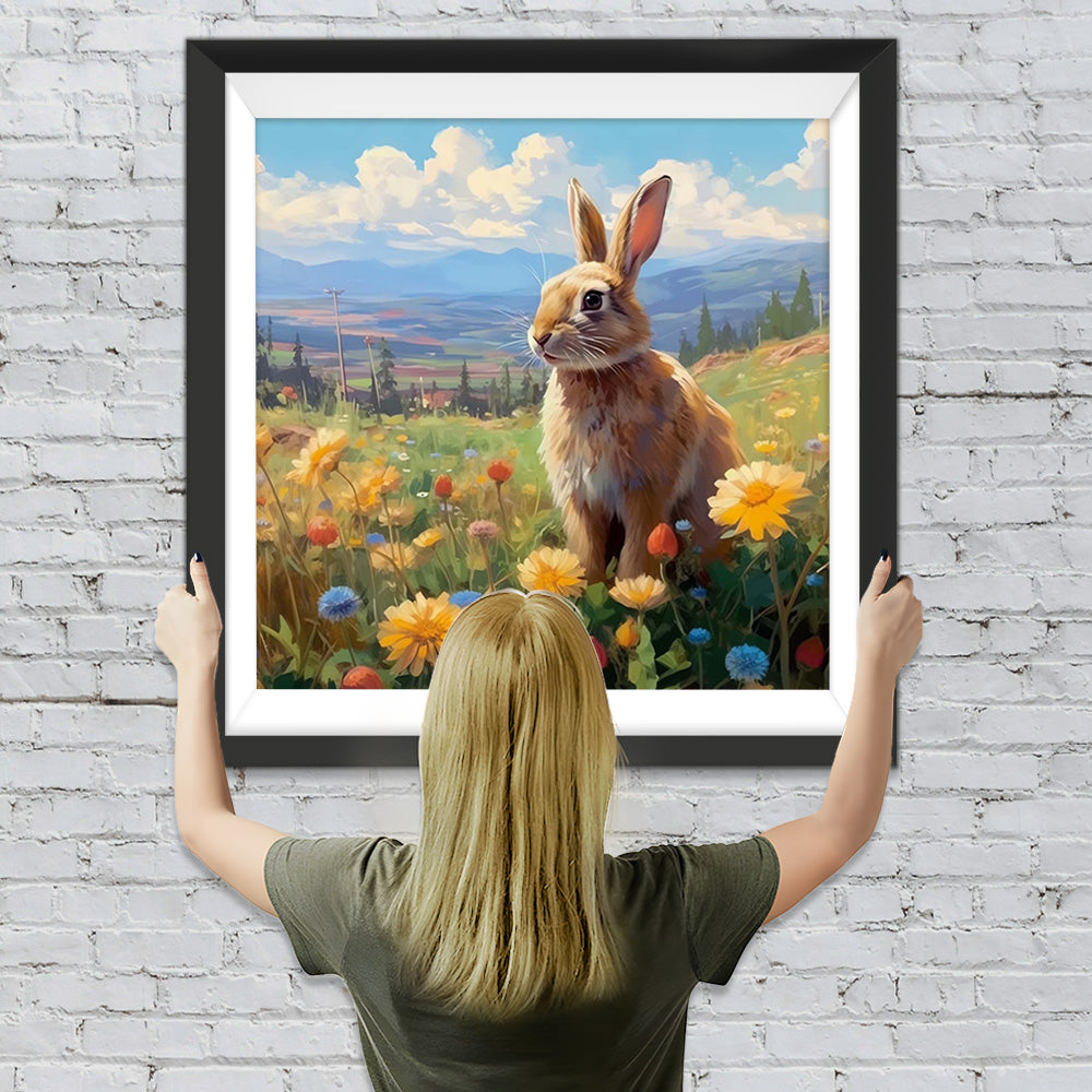 Kaninchen und Gänseblümchen auf dem Feld Diamond Painting