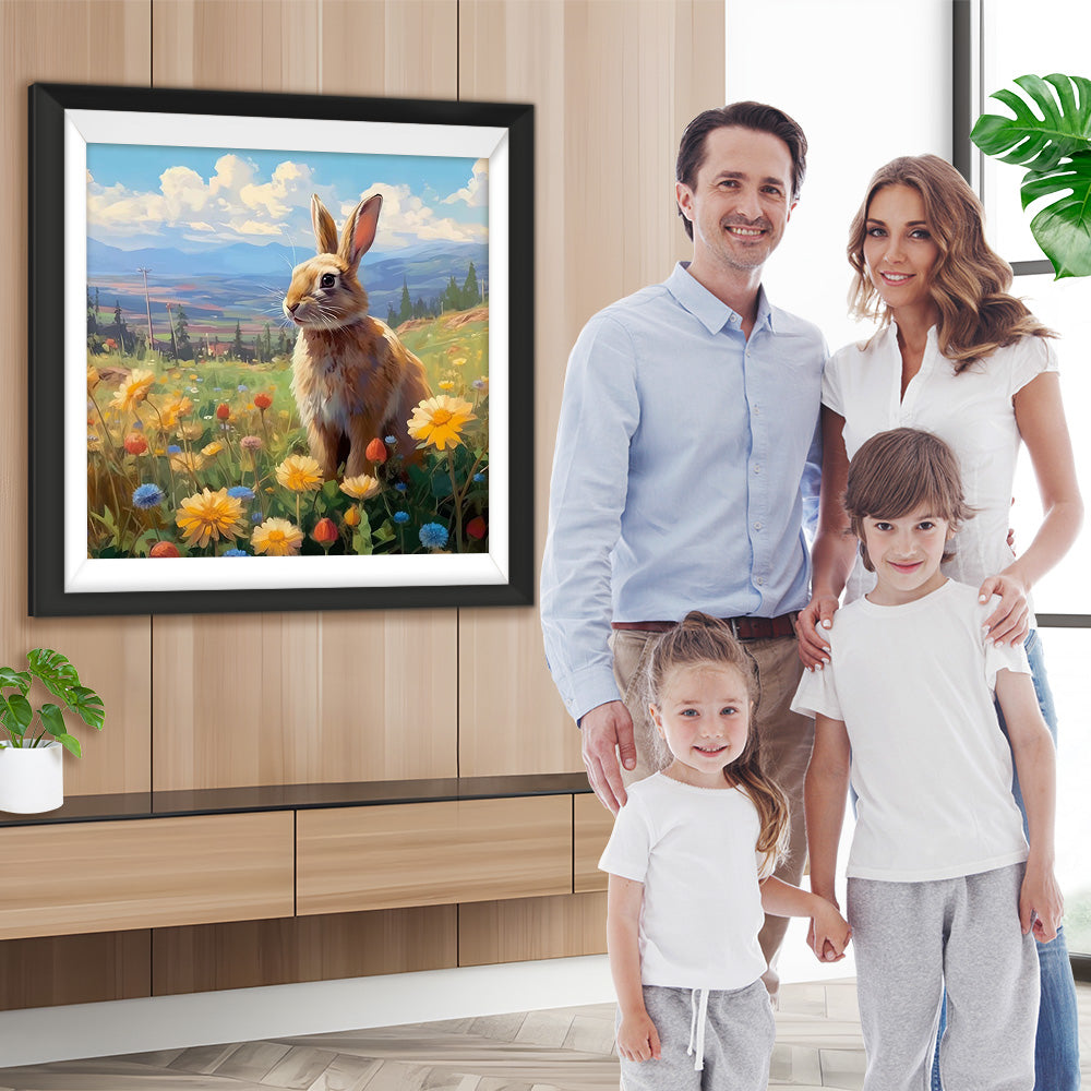 Kaninchen und Gänseblümchen auf dem Feld Diamond Painting