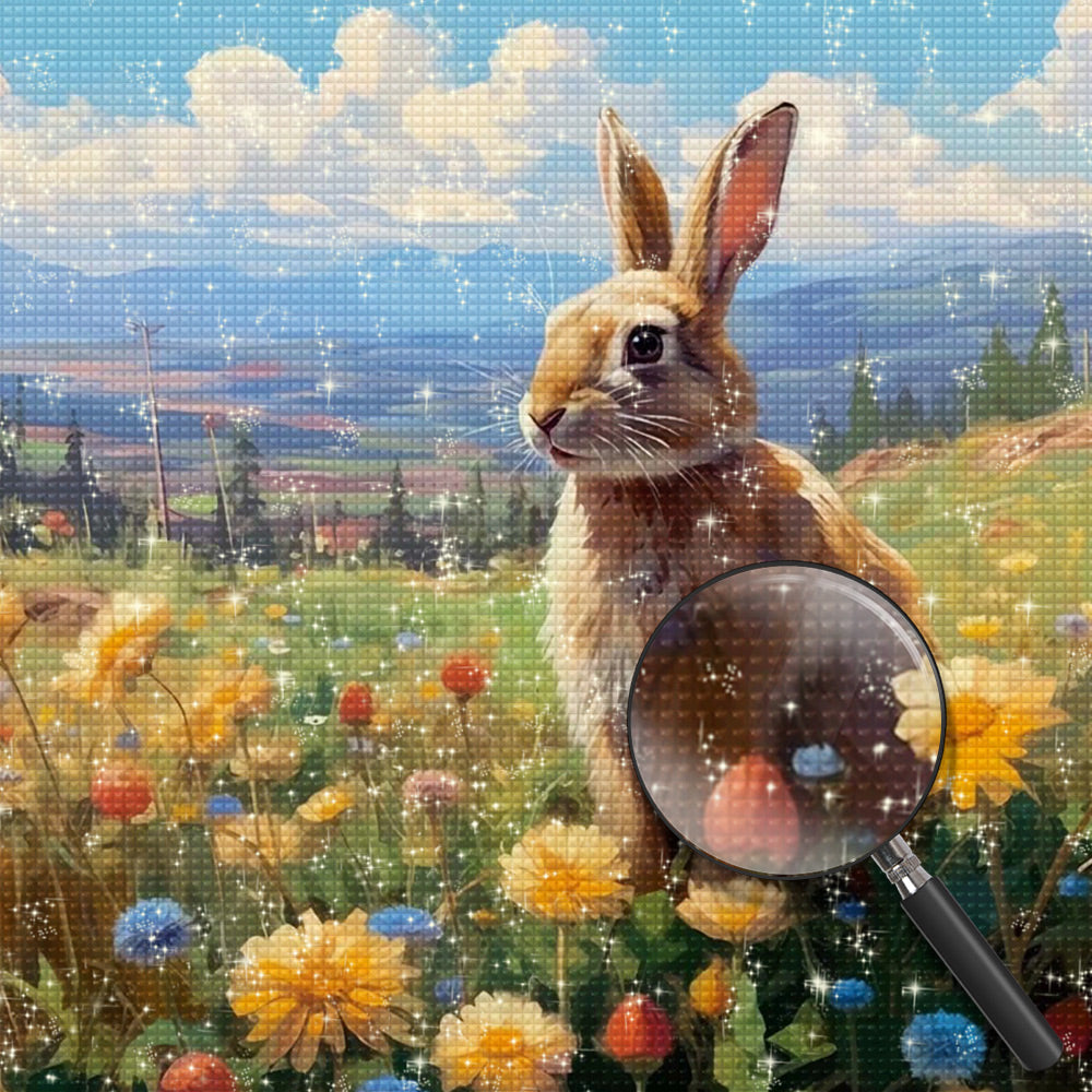 Kaninchen und Gänseblümchen auf dem Feld Diamond Painting