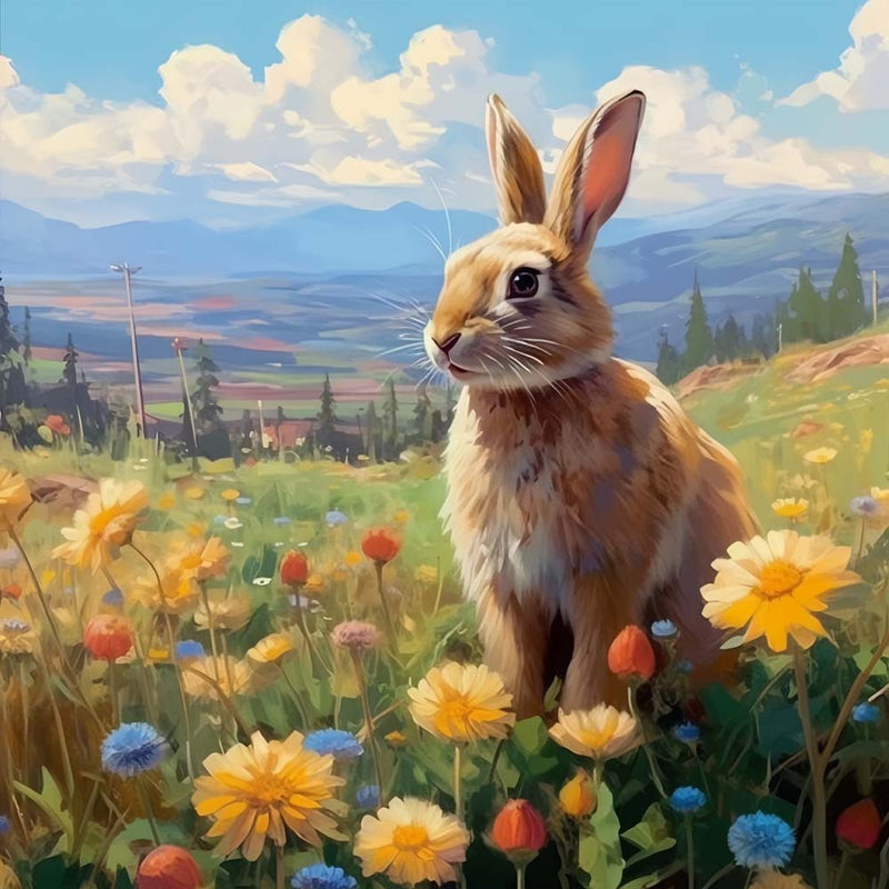 Kaninchen und Gänseblümchen auf dem Feld Diamond Painting