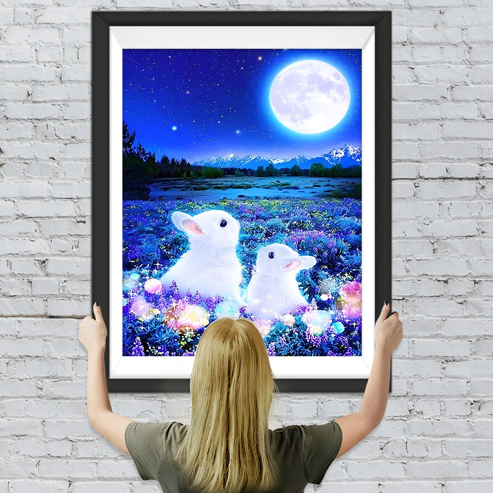 Kaninchen Vollmond Blumen Diamond Painting