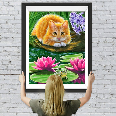 Katze am Lotusteich Diamond Painting