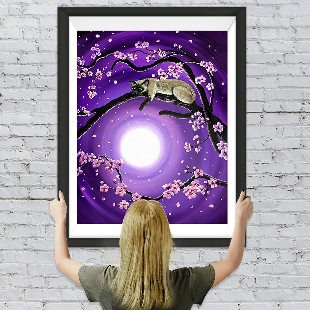 Katze auf dem Baum und Vollmond Diamond Painting