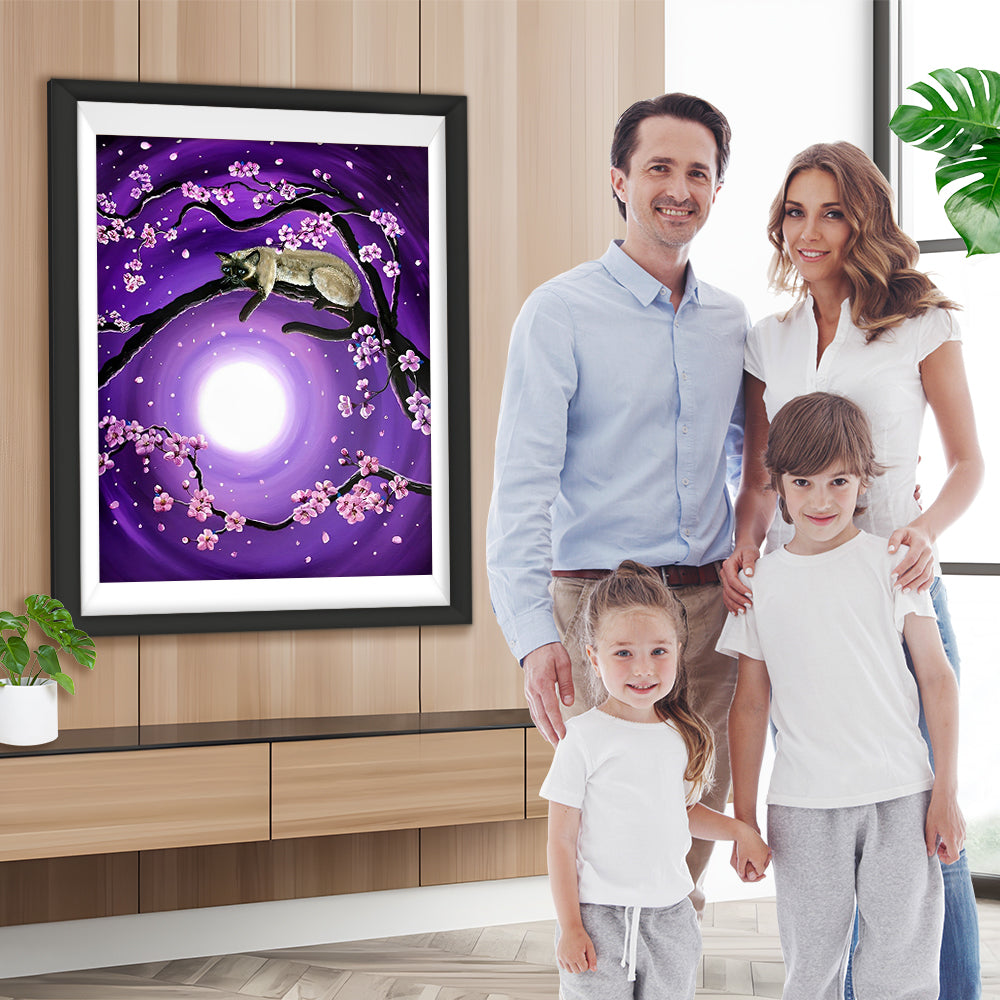 Katze auf dem Baum und Vollmond Diamond Painting