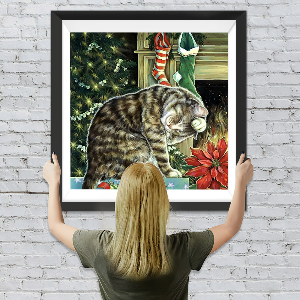 Katze auf dem Weihnachtsgeschenk Diamond Painting