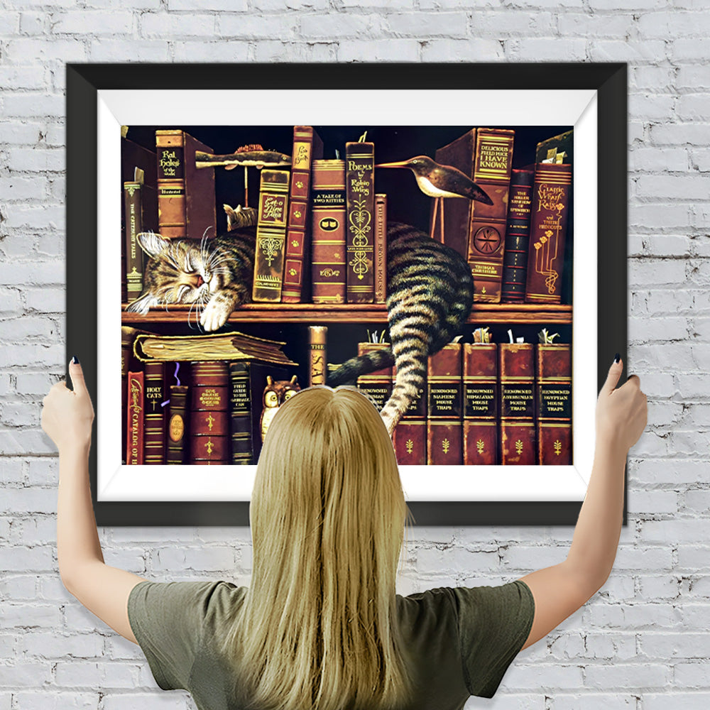 Katze auf einem Bücherregal Diamond Painting