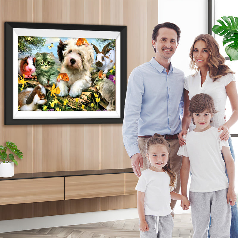 Katze, Hund und Kaninchen auf dem toten Baum Diamond Painting