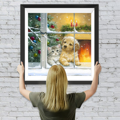 Katze, Hund, Weihnachtsbaum und Kamin Diamond Painting