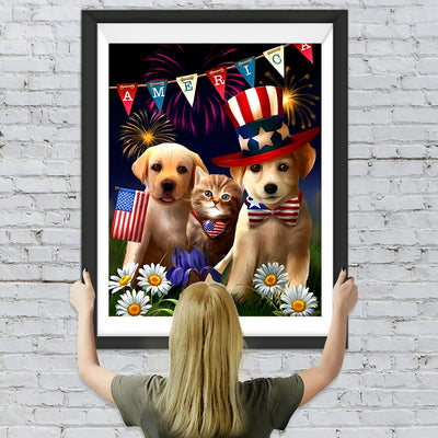 Katze, Hunde und amerikanische Flagge Diamond Painting