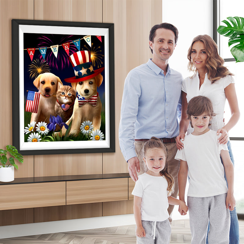 Katze, Hunde und amerikanische Flagge Diamond Painting