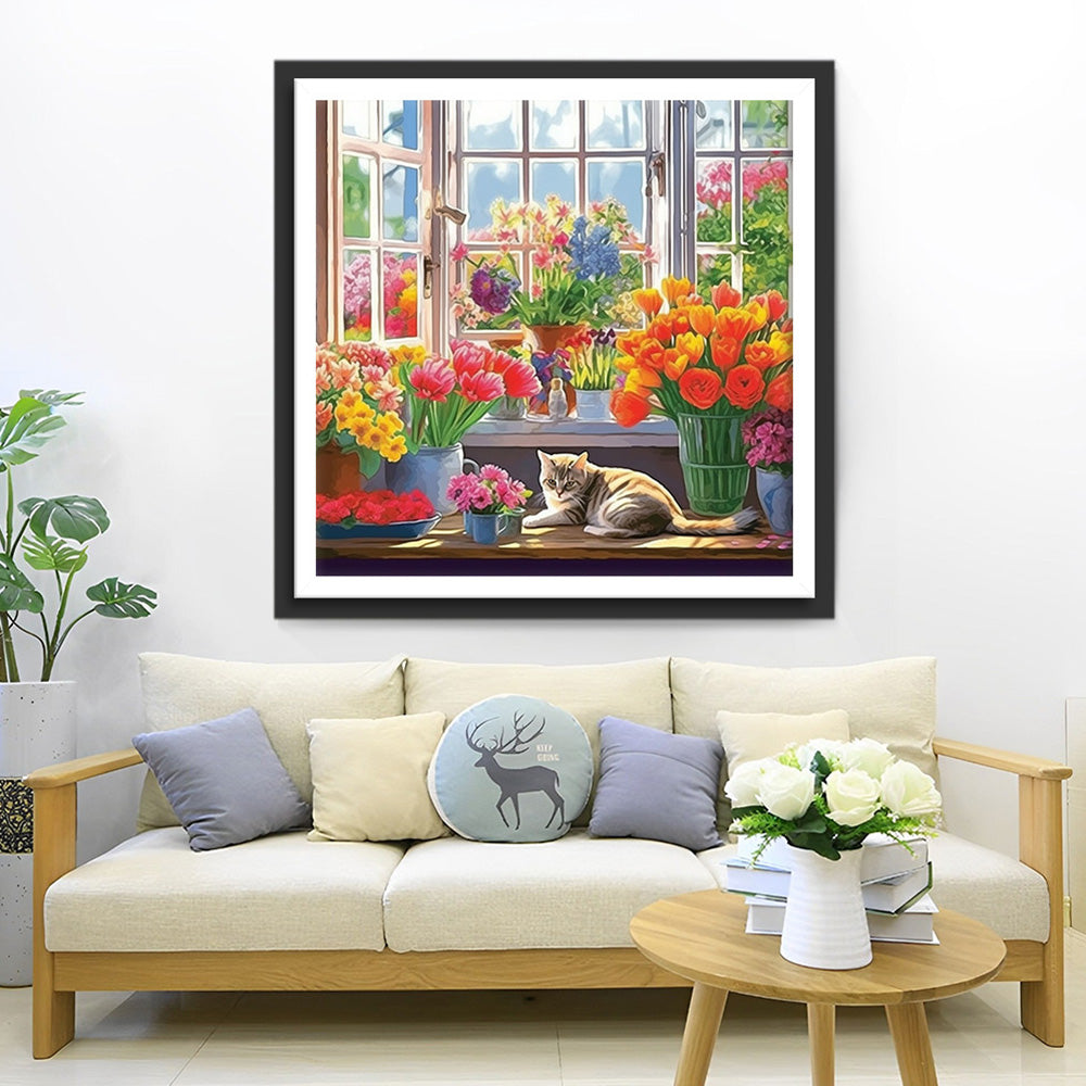 Katze im Blumenzimmer Diamond Painting