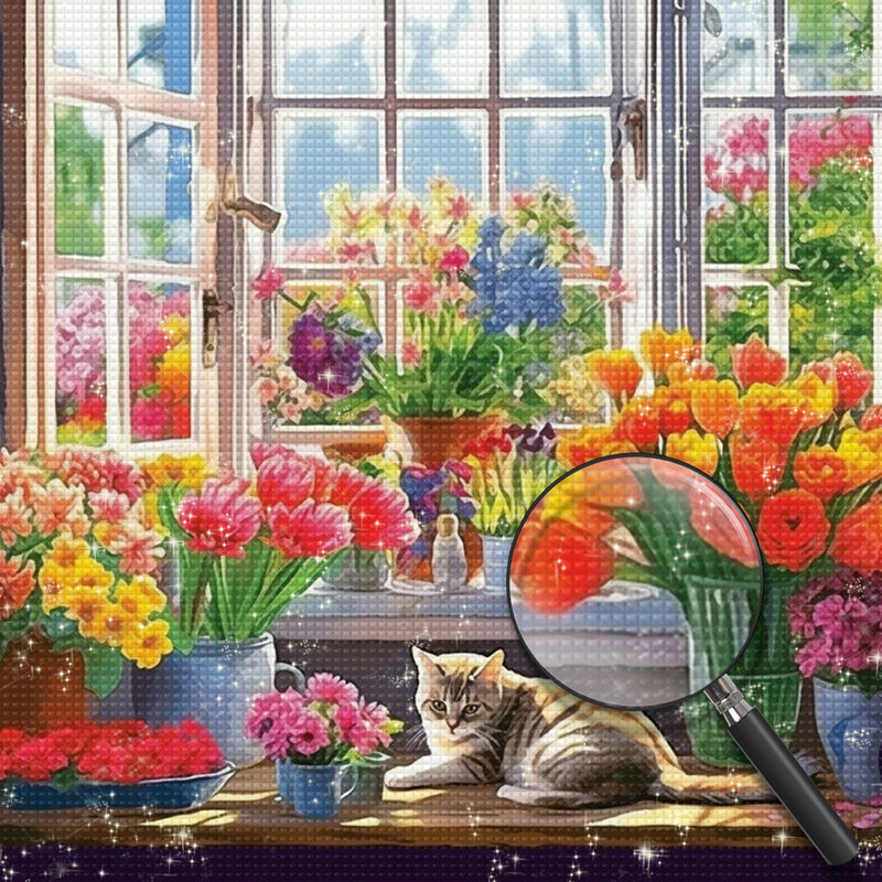 Katze im Blumenzimmer Diamond Painting