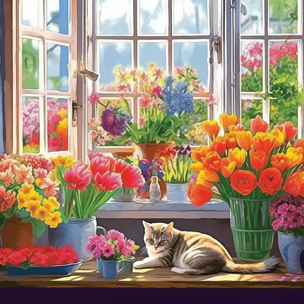 Katze im Blumenzimmer Diamond Painting
