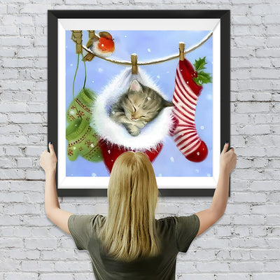 Katze in der Weihnachtsmütze Diamond Painting