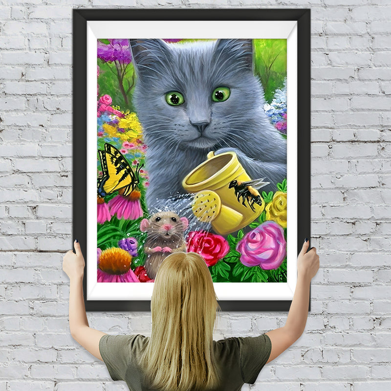 Katze Maus Schmetterling Blumen Diamond Painting