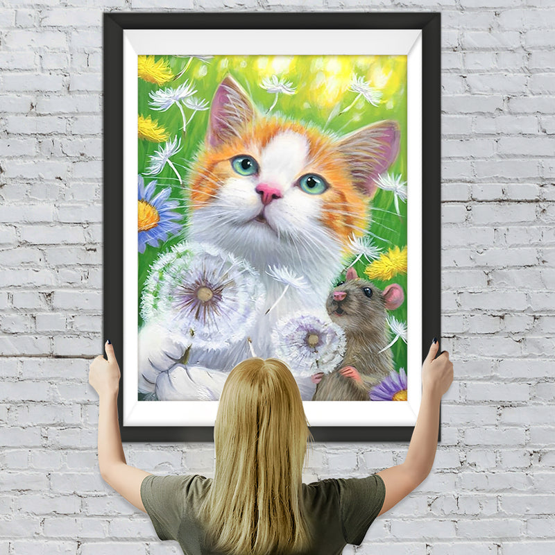 Katze, Maus und Pusteblumen Diamond Painting