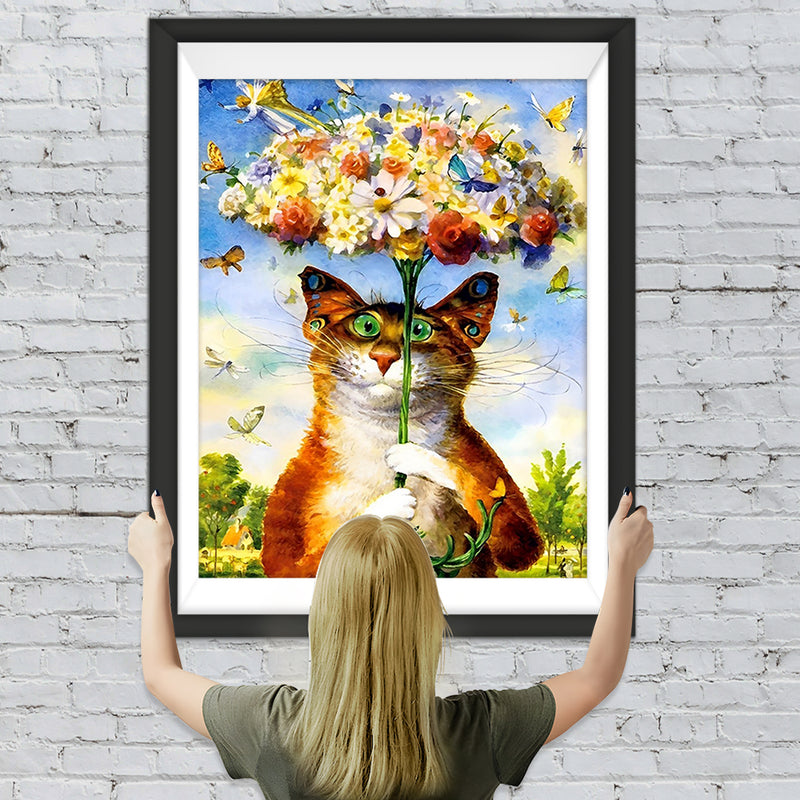 Katze mit Blumen-Regenschirm Diamond Painting