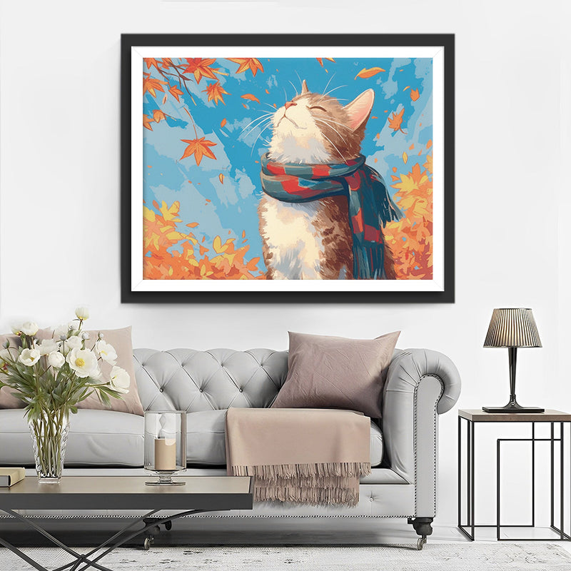 Katze mit Halstuch und Ahornblättern Diamond Painting
