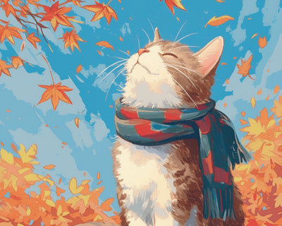 Katze mit Halstuch und Ahornblättern Diamond Painting