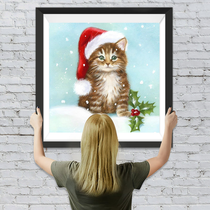 Katze mit Weihnachtsmütze im Schnee Diamond Painting