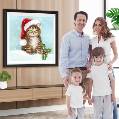 Katze mit Weihnachtsmütze im Schnee Diamond Painting