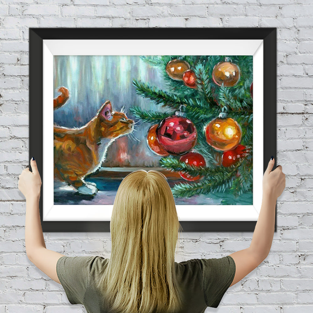 Katze neben dem Weihnachtsbaum Diamond Painting