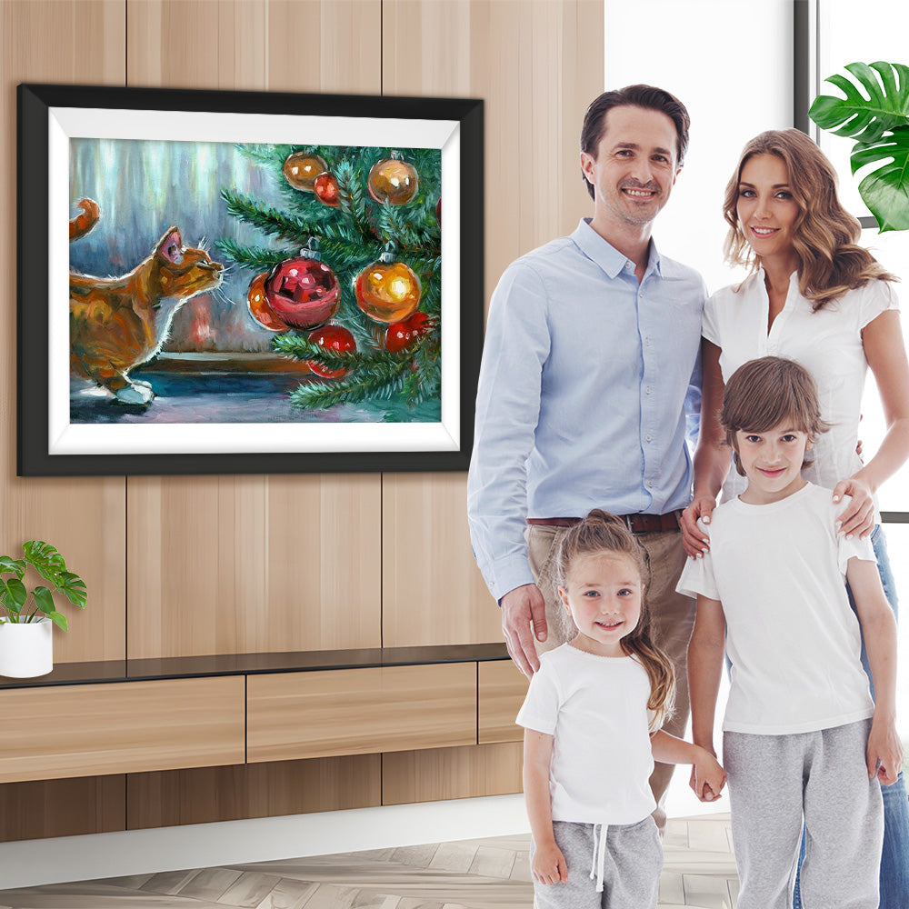 Katze neben dem Weihnachtsbaum Diamond Painting