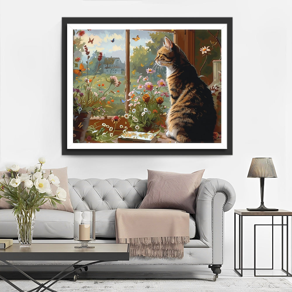 Katze schaut aus dem Fenster Diamond Painting