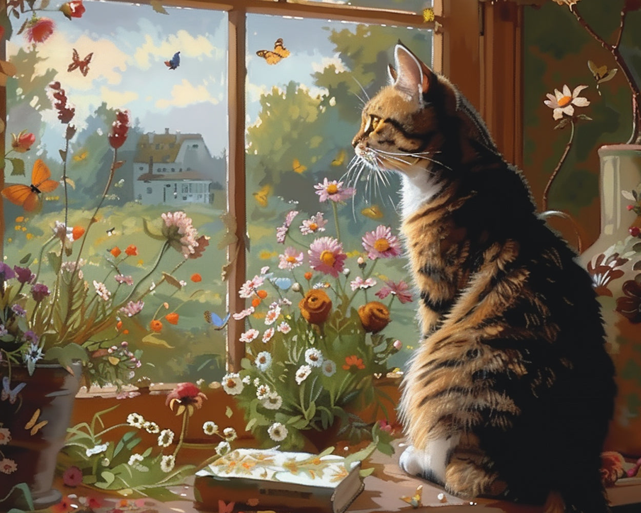 Katze schaut aus dem Fenster Diamond Painting