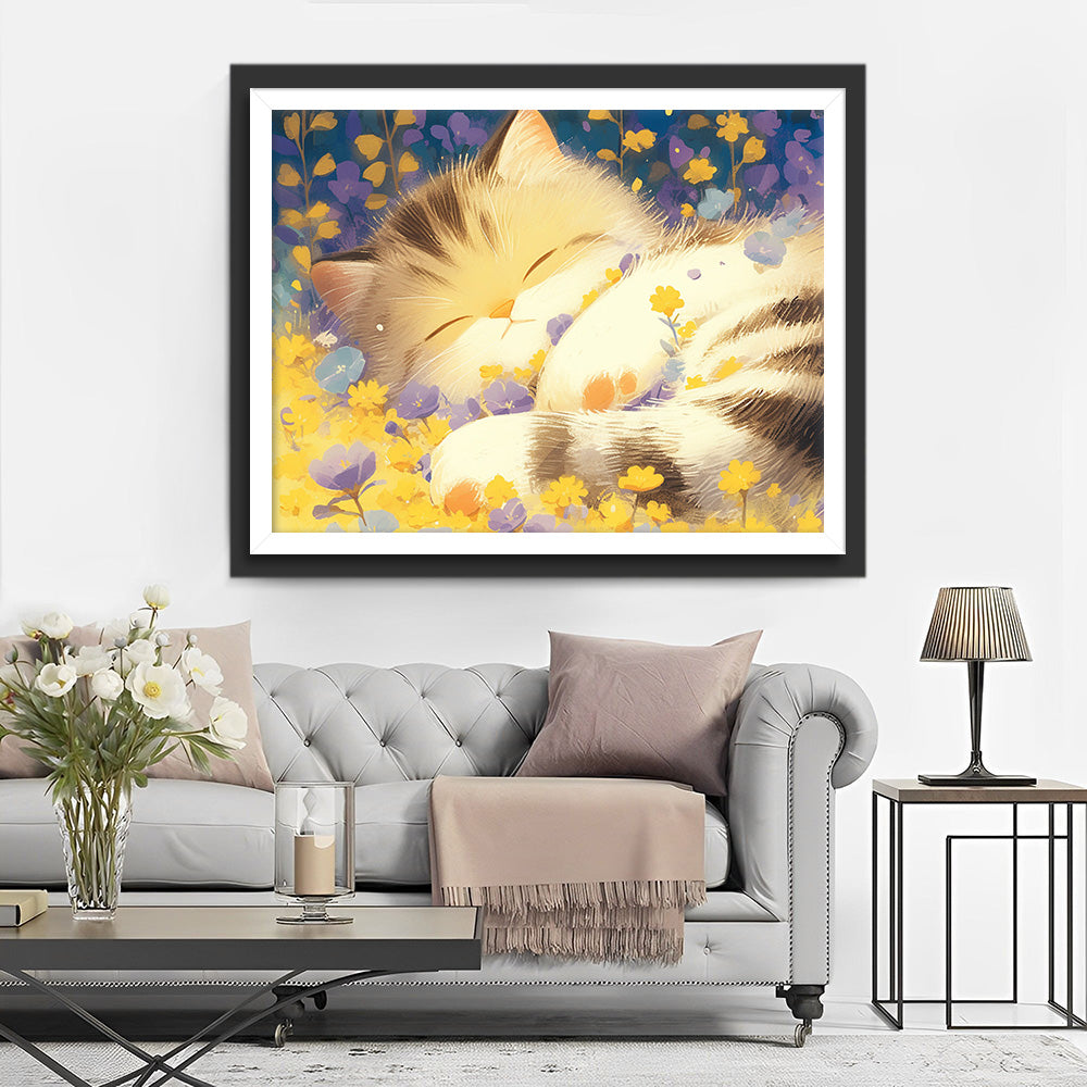 Katze schläft in Blumen Diamond Painting