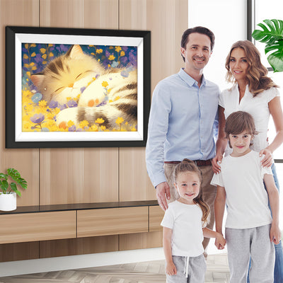 Katze schläft in Blumen Diamond Painting