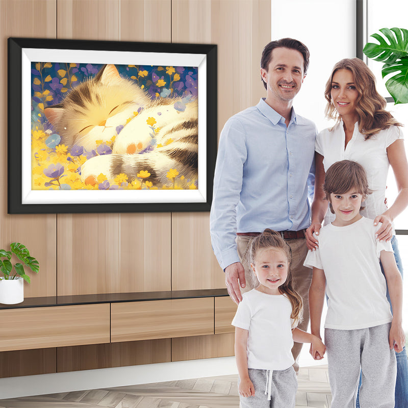 Katze schläft in Blumen Diamond Painting