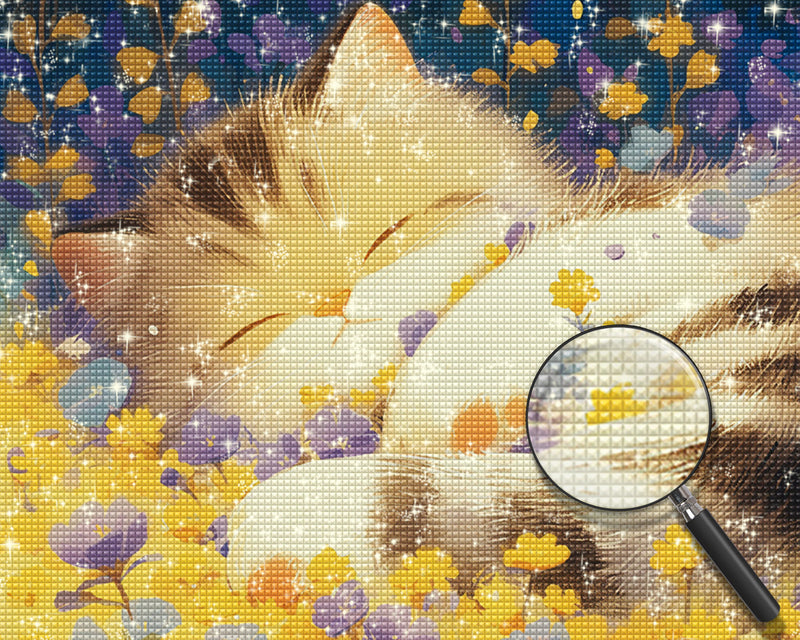 Katze schläft in Blumen Diamond Painting