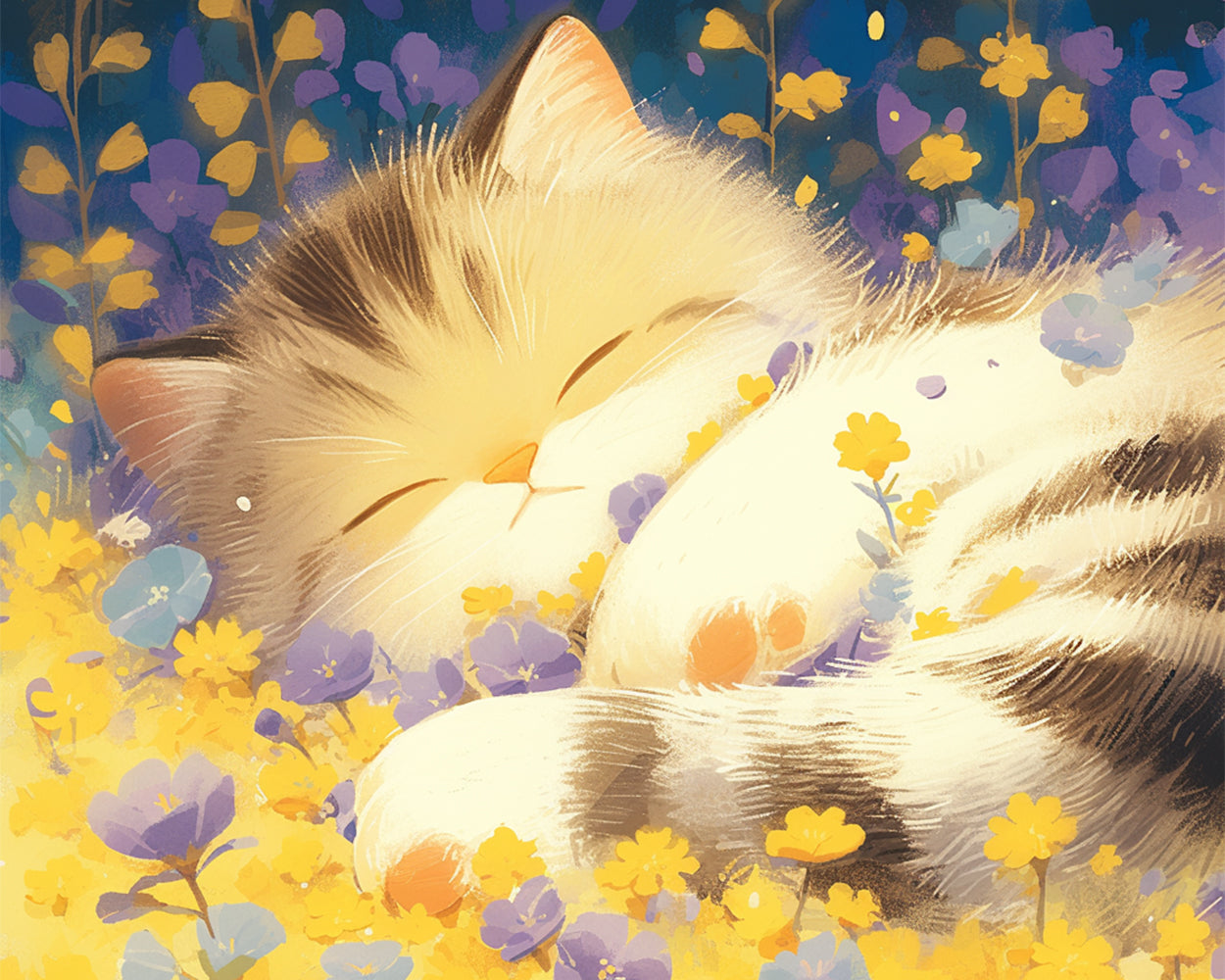 Katze schläft in Blumen Diamond Painting