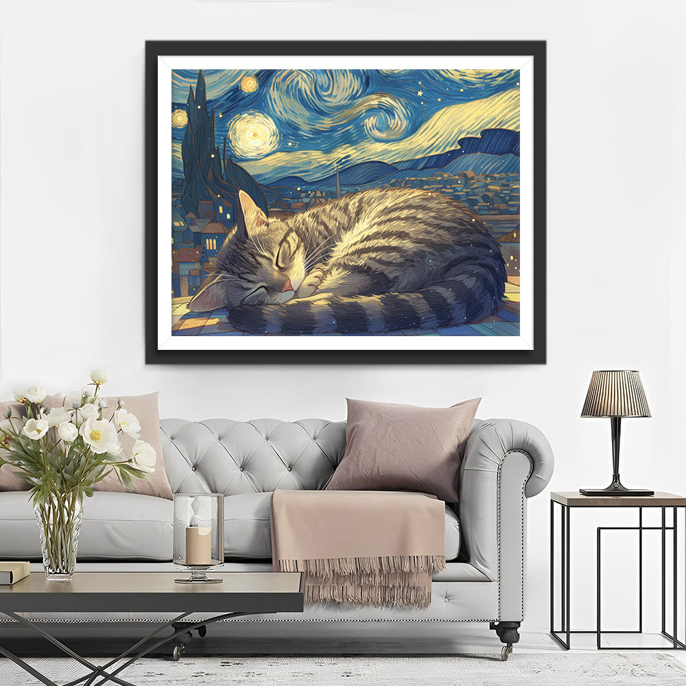 Katze schläft unter dem Sternenhimmel Diamond Painting
