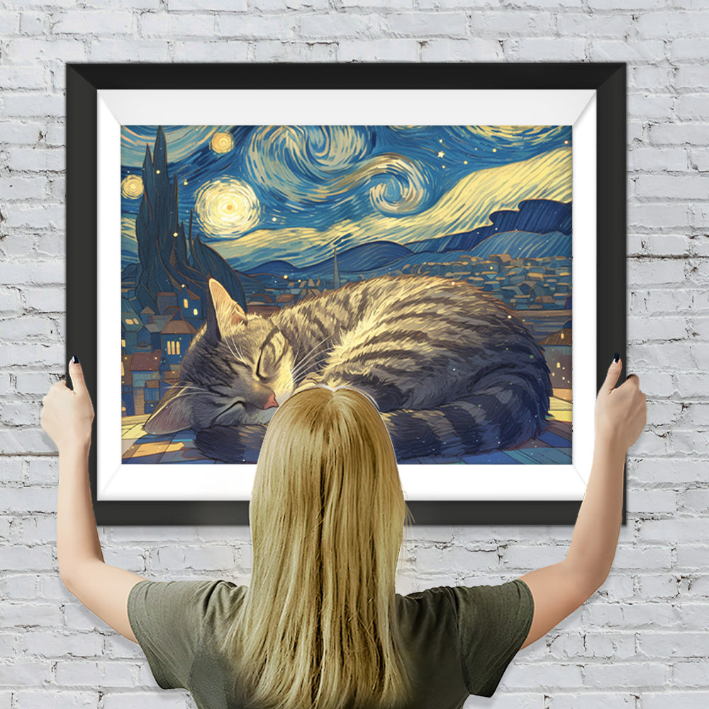 Katze schläft unter dem Sternenhimmel Diamond Painting