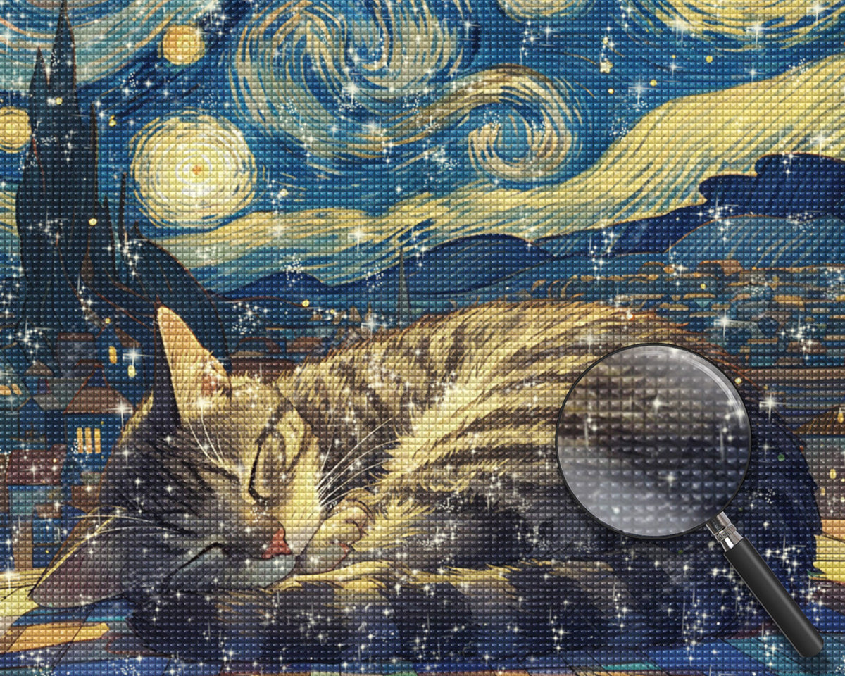Katze schläft unter dem Sternenhimmel Diamond Painting