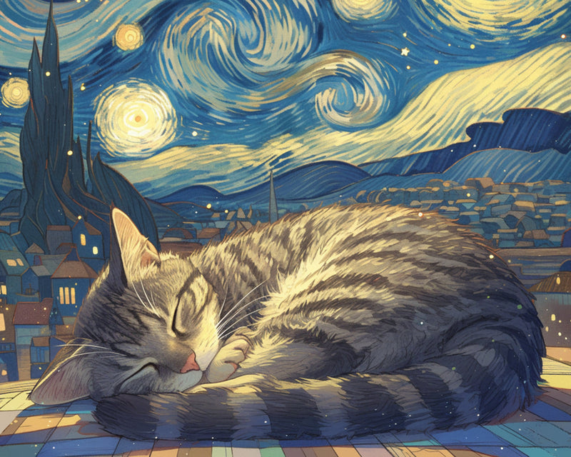 Katze schläft unter dem Sternenhimmel Diamond Painting