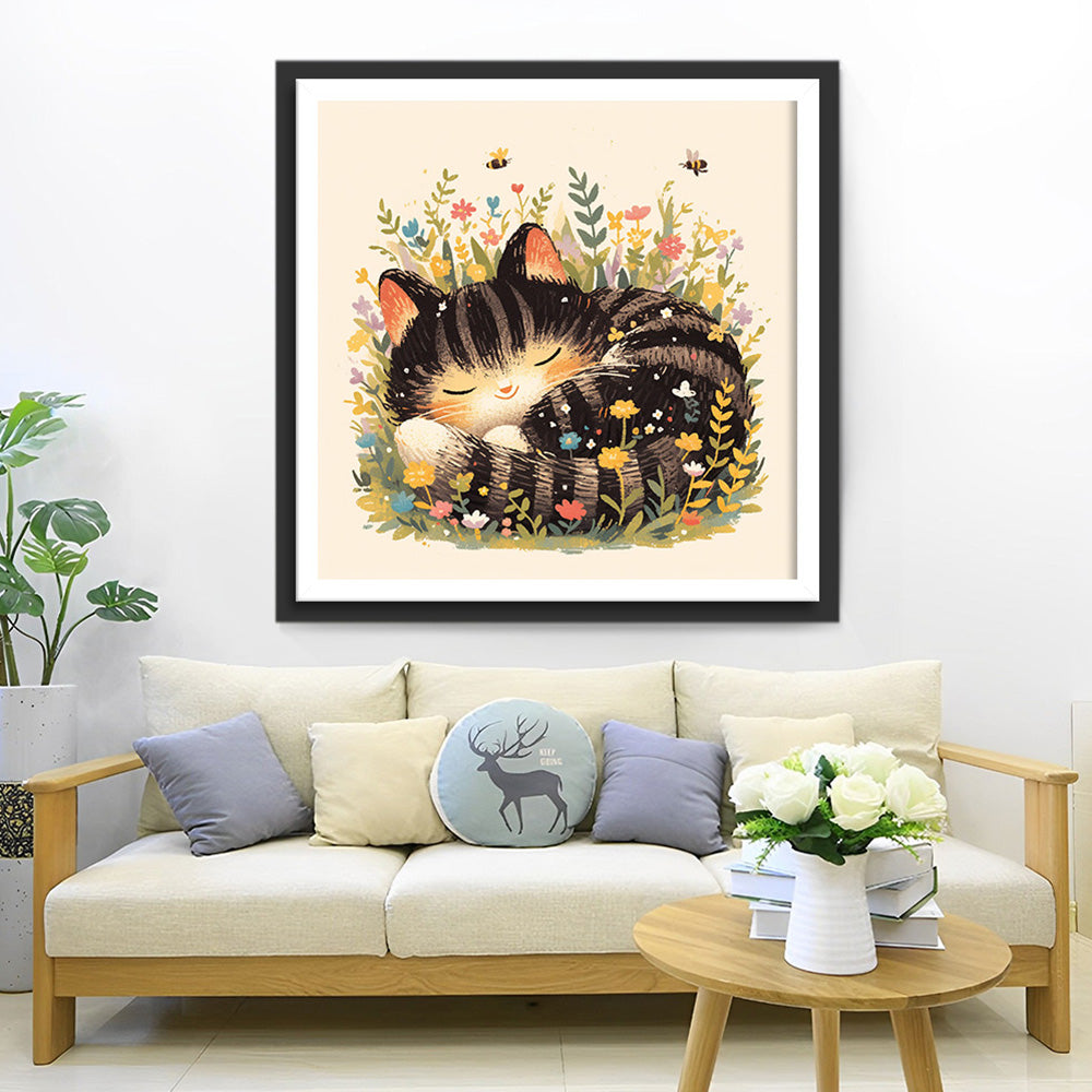 Katze schläft zwischen Blumen Diamond Painting